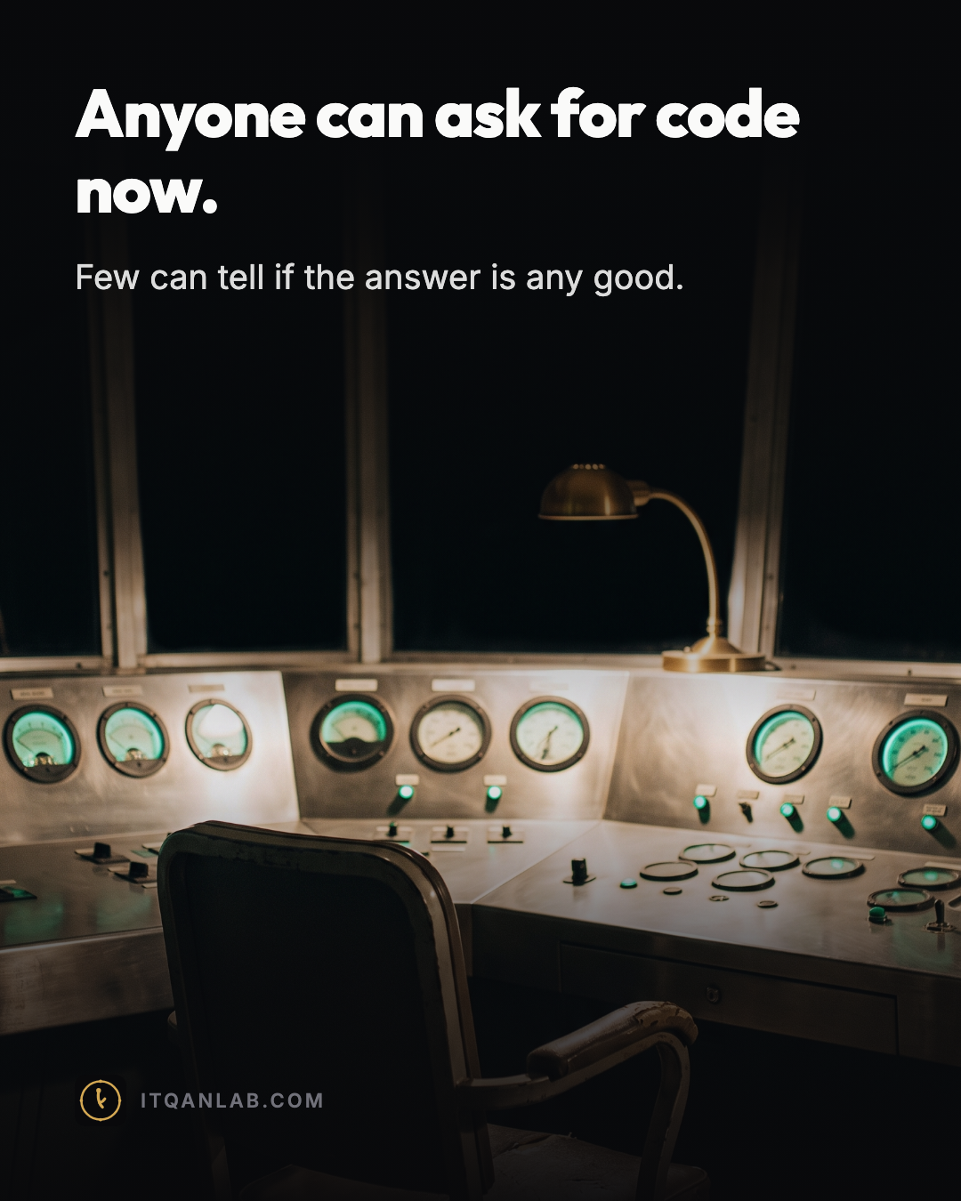 An empty operator's chair pulled up to a console of glowing green dials