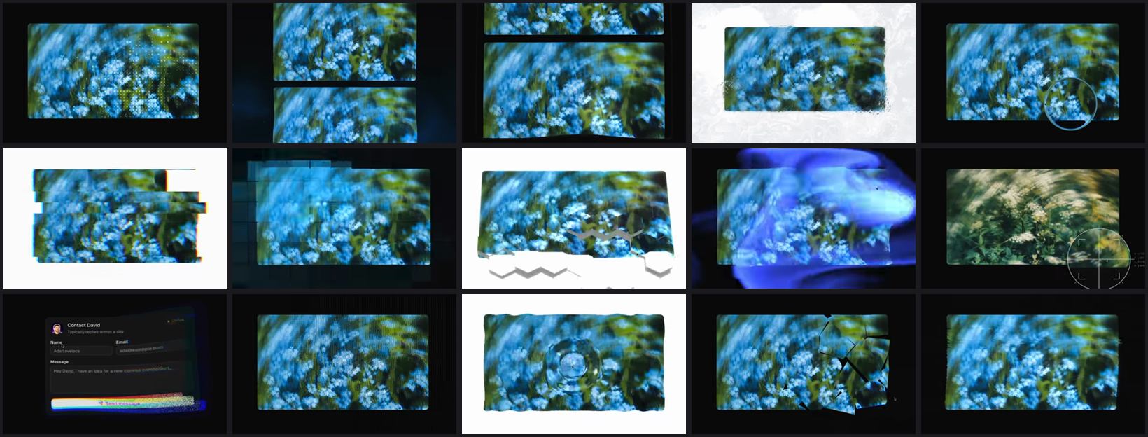 Fifteen of the twenty-five components, each a still from the project's own demo clips