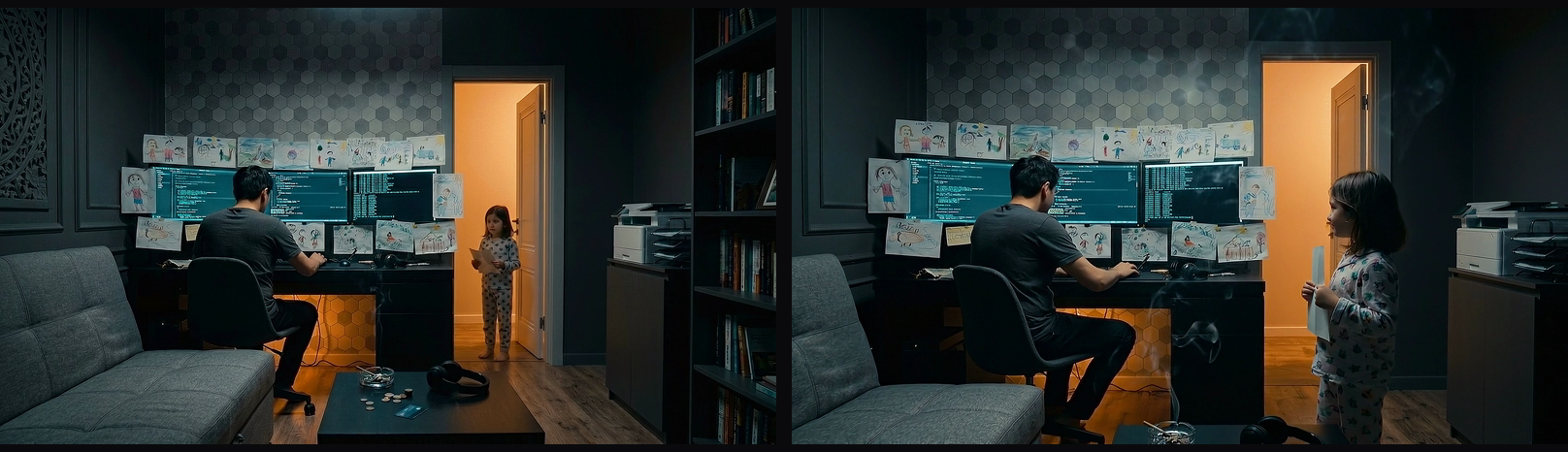 The same clip at second zero and second eight. The camera has moved in and the room holds: the wallpaper, the drawings, the monitors, the printer and the bookshelf are unchanged. The thin wisp of smoke on the left has become a visible column on the right.