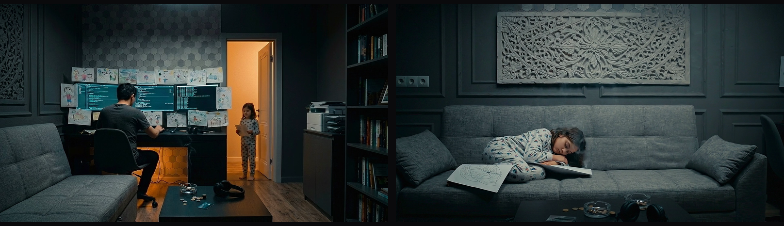 One clip, second zero and second eight. The carved wall panel, the sofa, the coffee table, the ashtray and the headphones are all exactly where they started. The man at the desk is gone, and the child who was standing in the doorway is asleep on the sofa.
