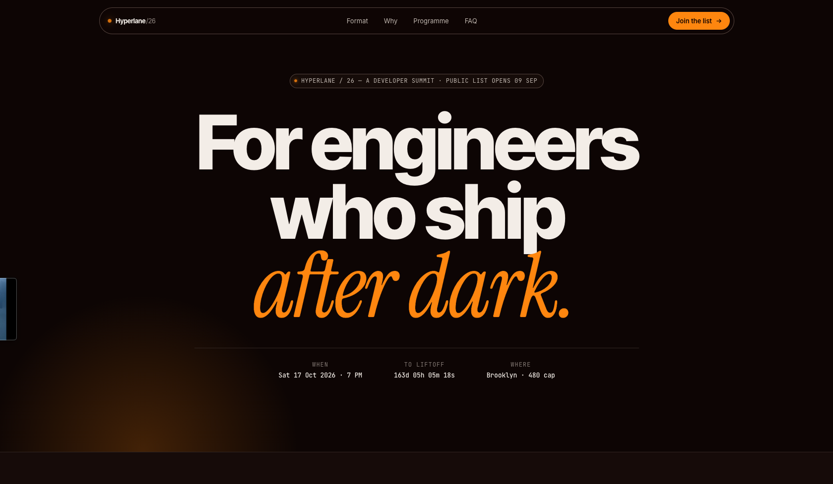 The same conference page rebuilt: oversized condensed sans over a warm near-black, an orange italic serif on the last line, a monospace metadata row, a floating pill nav.