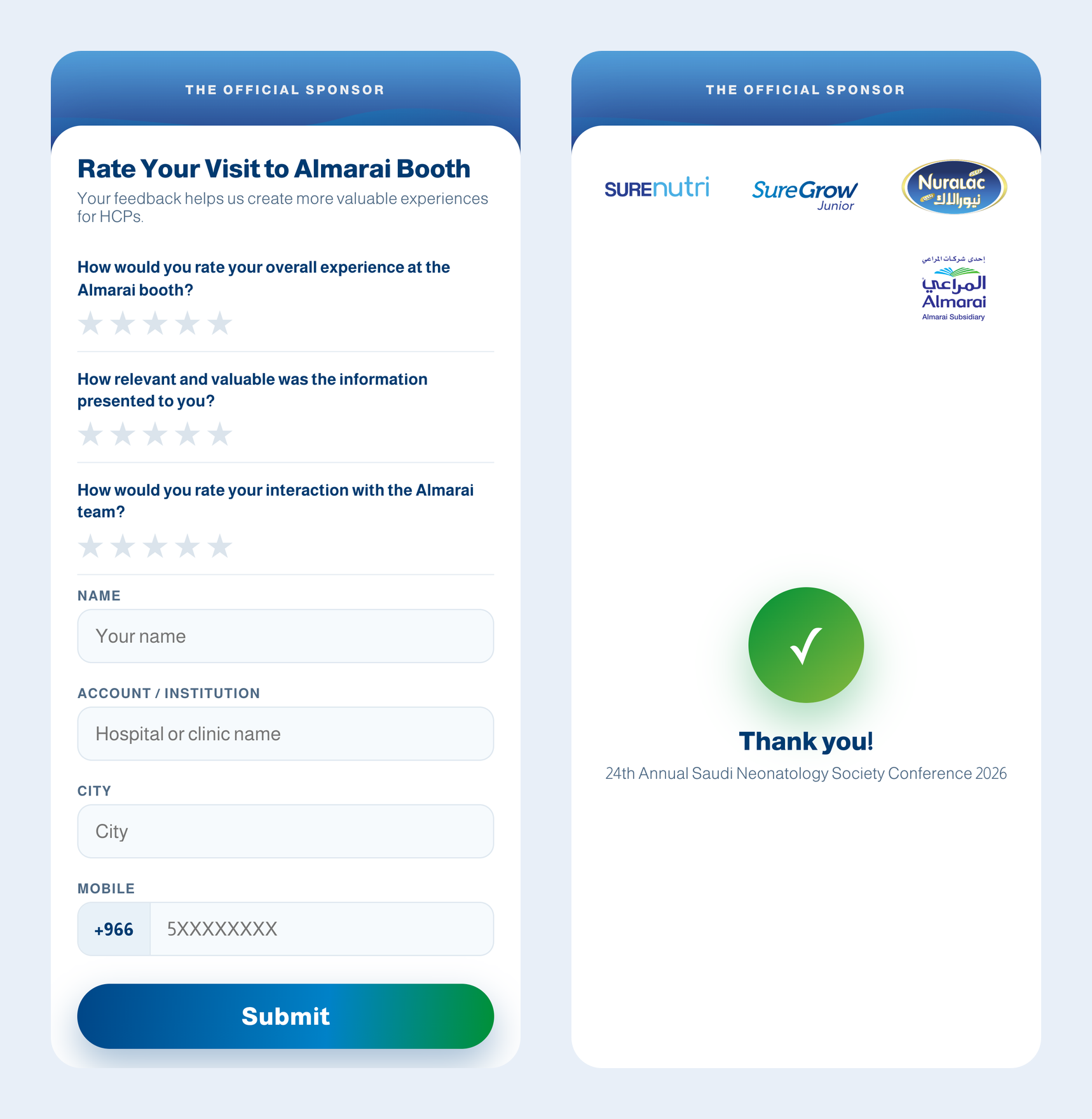 Rating form and thank-you screen on mobile