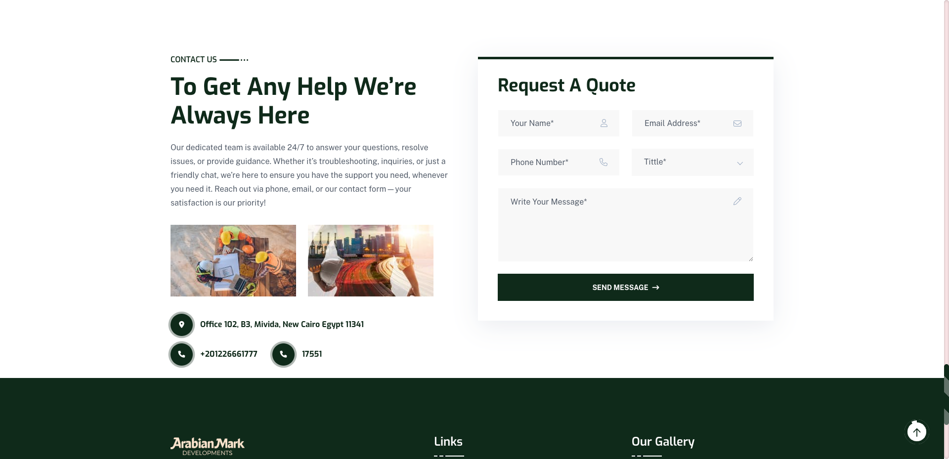 Contact page with quote request form