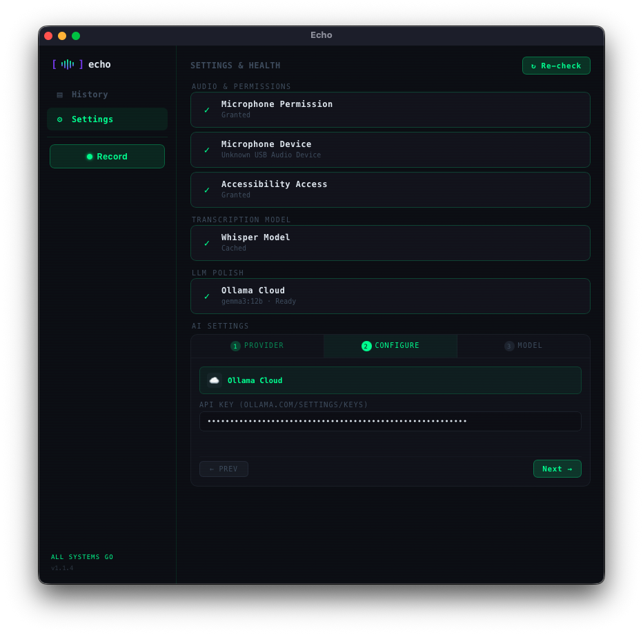 Echo settings and health panel