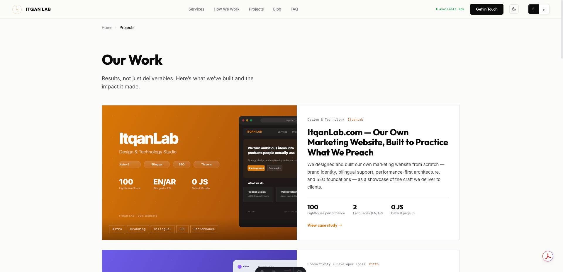 Projects listing — showcasing case studies with bilingual support