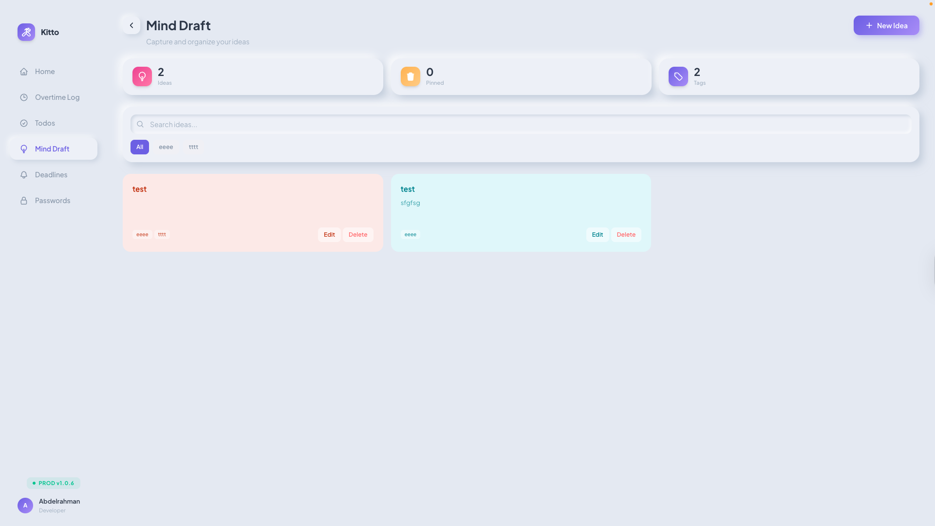 Mind Draft with color-coded idea cards and tags