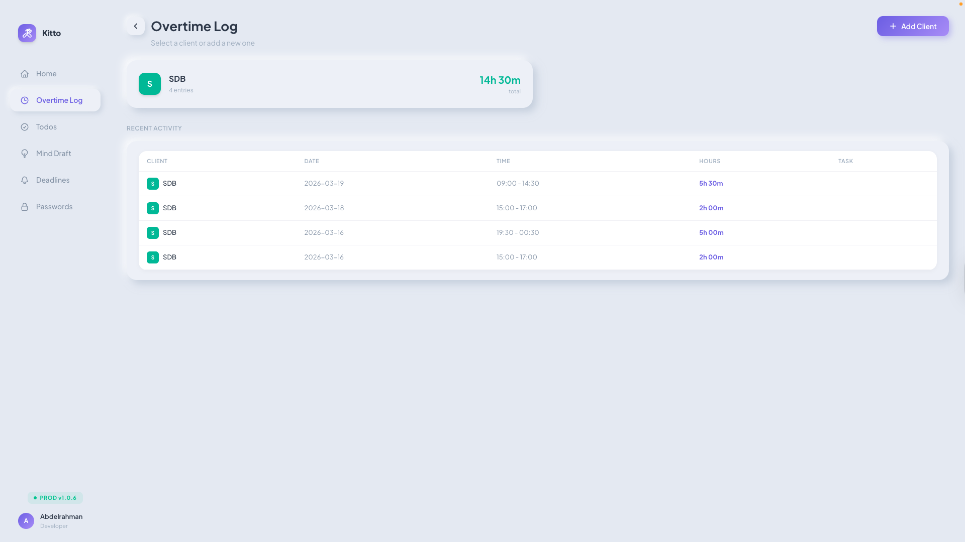 Overtime log with client details and recent activity