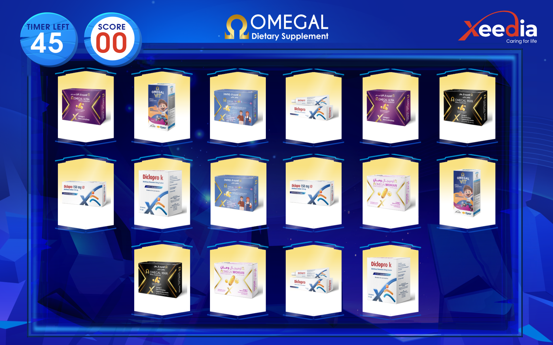 Every card face up, showing the eight products